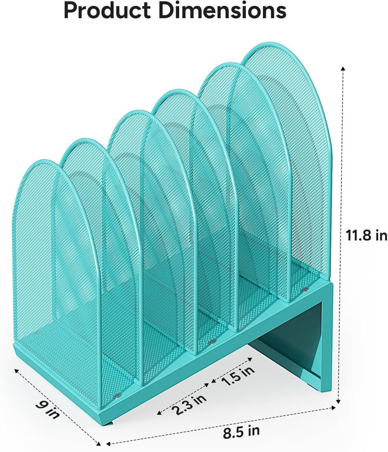 OUTIOE 5-Section Desk File Organizer, Metal Mesh Folder Organizer for Documents, Mail & Office Papers (Blue) - Image 4